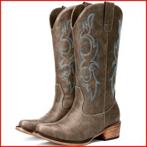 Women's Embroidered Cowboy Boots Chunky Heel Mid Calf Western